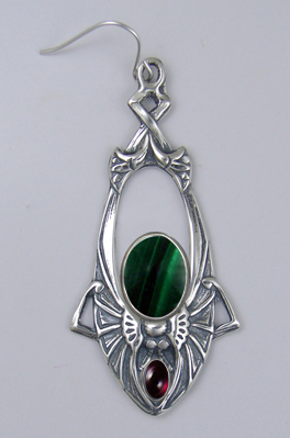 Sterling Silver Dramatic Art Deco Drop Dangle Earrings With Malachite And Garnet